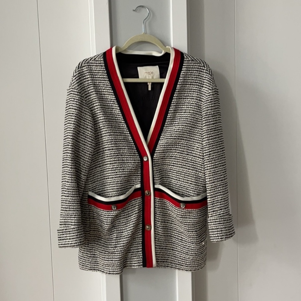 MAJE - Chic Black and White Cardigan with Red Accents